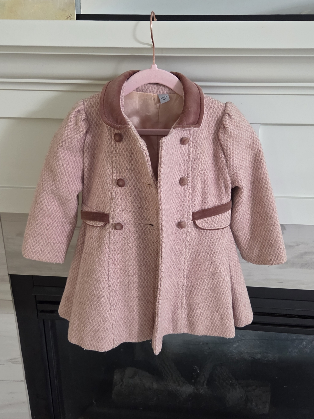Girls' Pink Textured Double-Breasted Coat